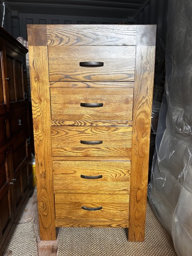 Large oak five draw tallboy